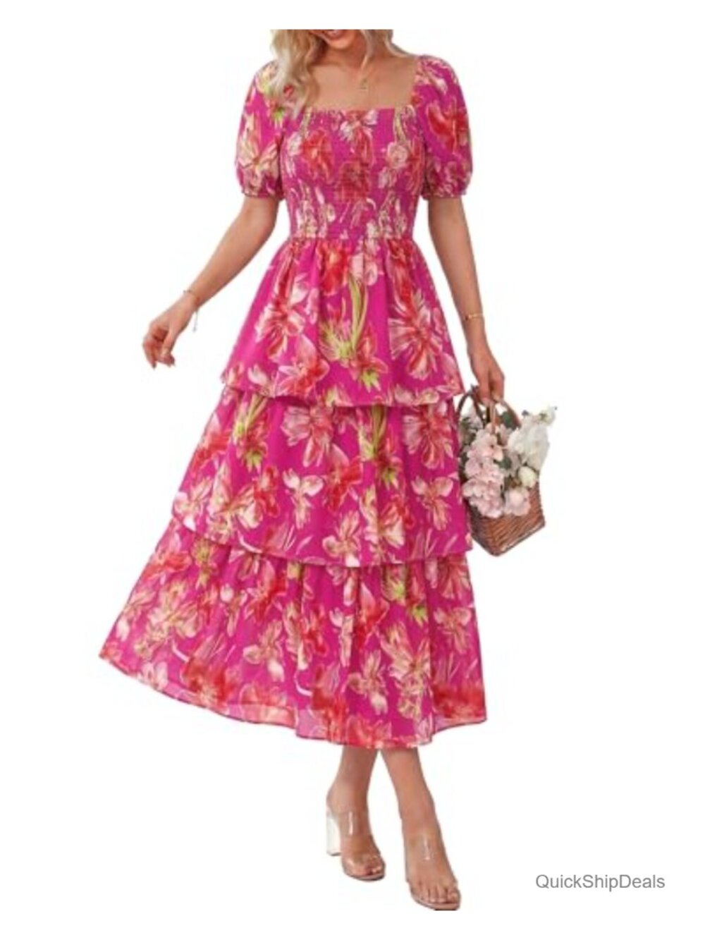 Smocked Floral Maxi Dress Square Neck Puff Short Sleeve Boho Summer